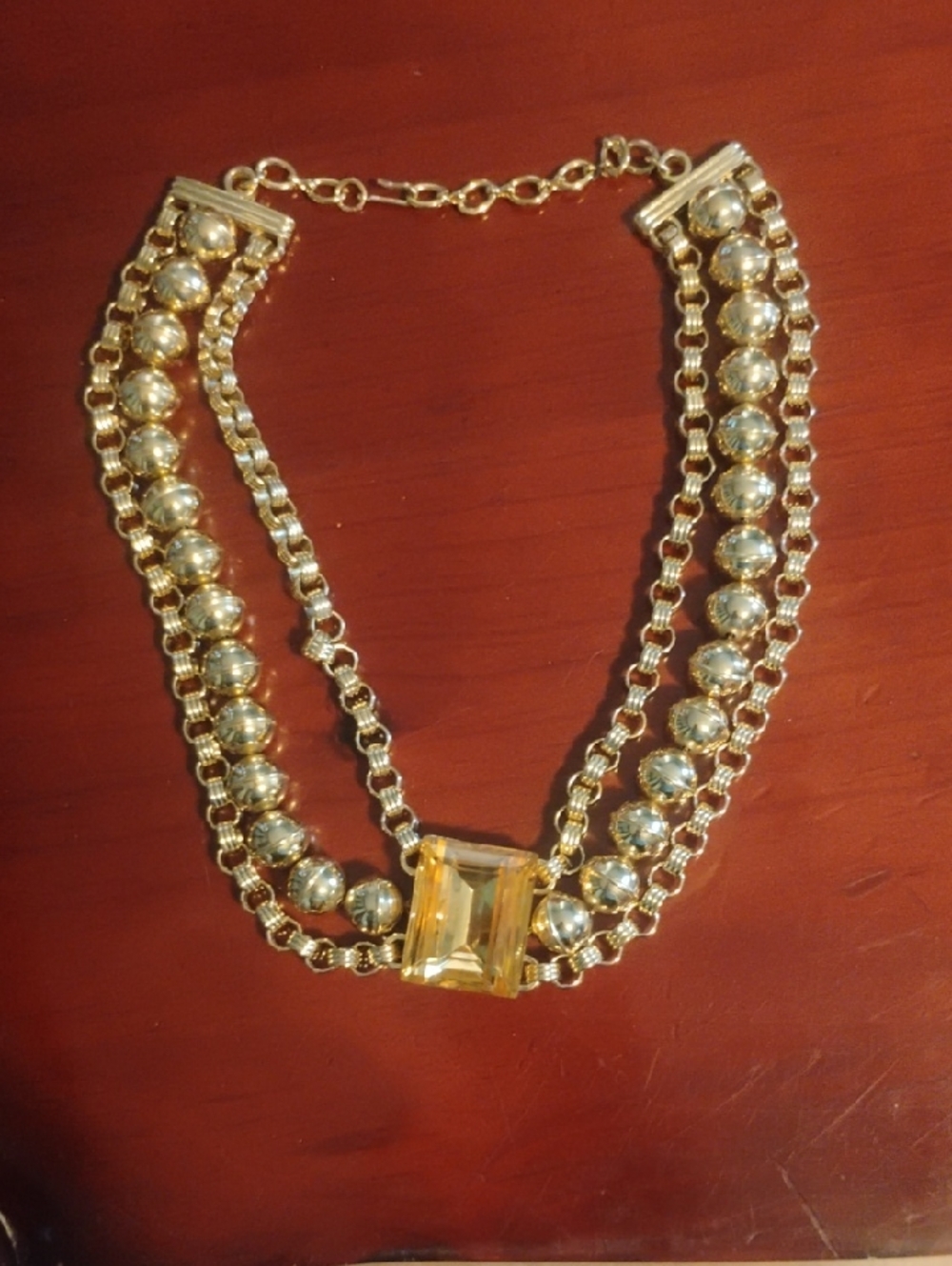 Vintage Gold Triple-Strand Necklace with Yellow Stone Centerpiece